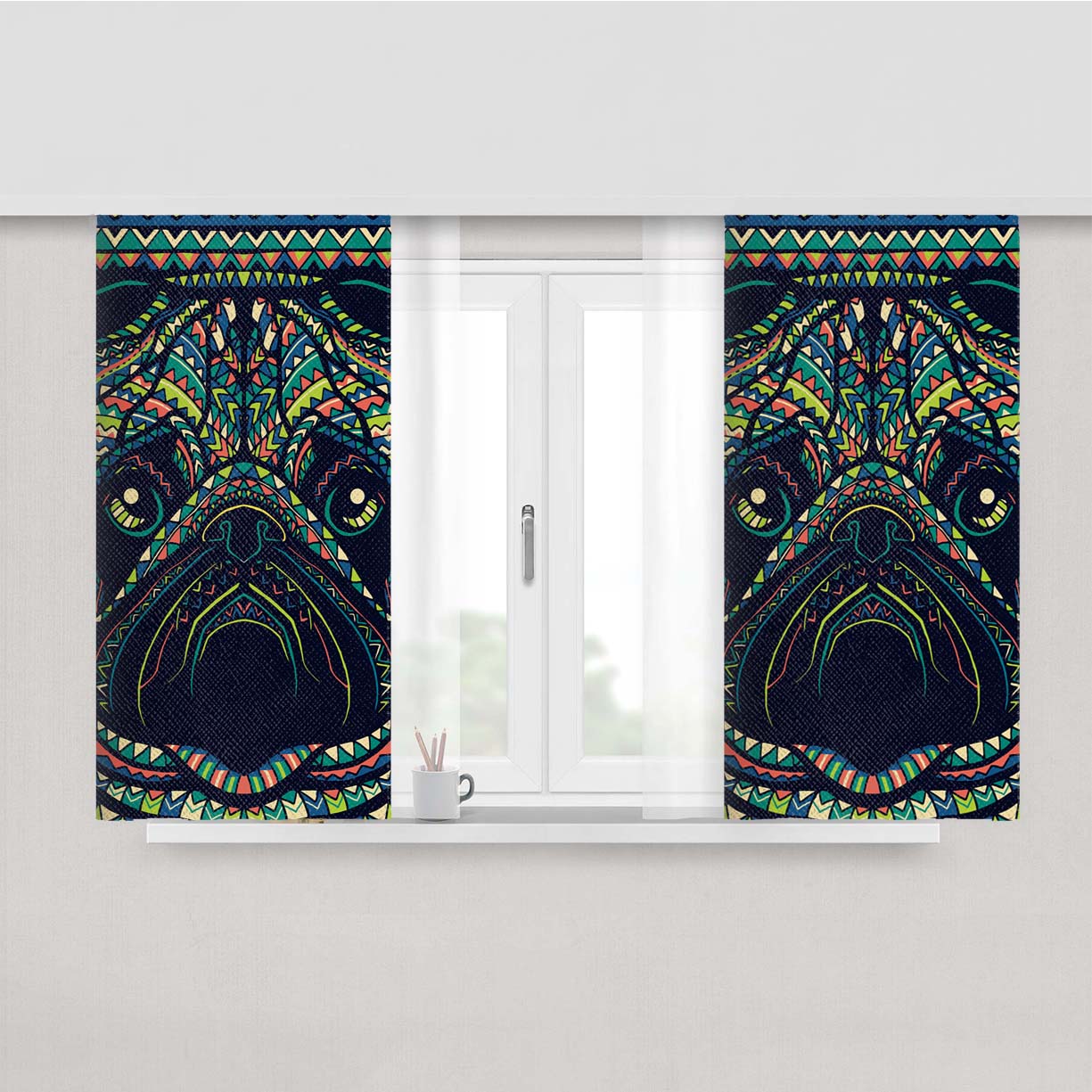 Pug Aztec Pattern Peach Skin Window Curtains