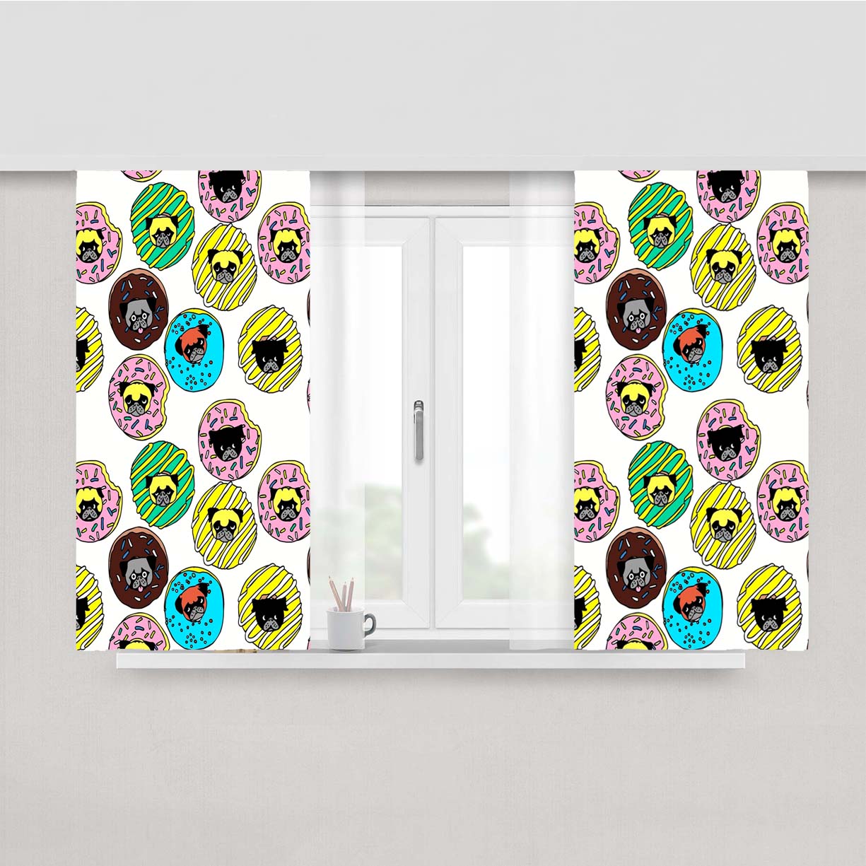 Pug Donuts Pattern Peach Skin Window Curtains