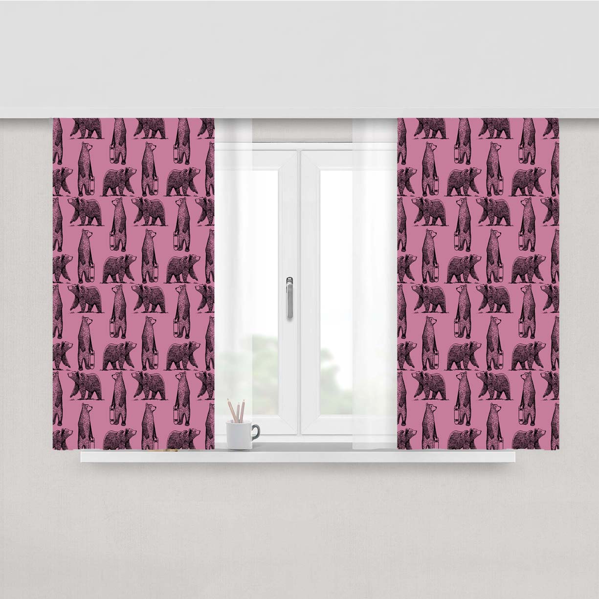 Purple And Black Skate Bear Illustrations Pattern Peach Skin Window Curtains