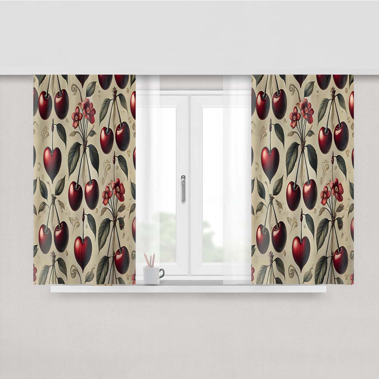 Red Cherries And Hearts Peach Skin Window Curtains