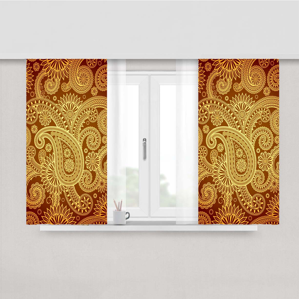 Red Gold Damask Pattern Peach Skin Window Curtains
