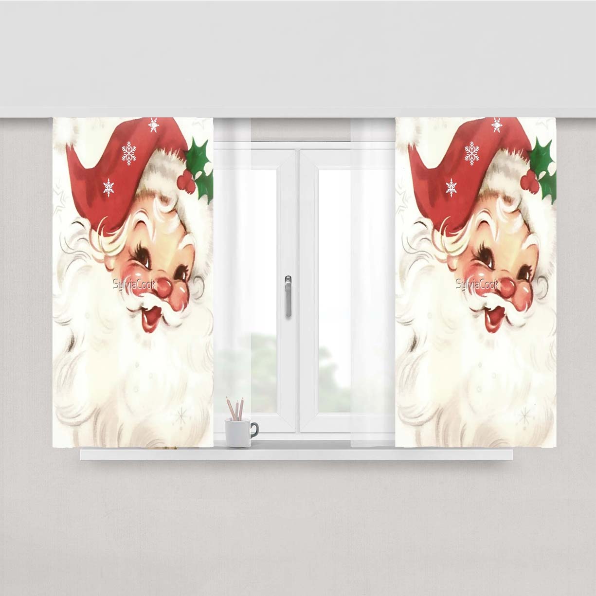 Red Retro Vintage Santa Peach Skin Window Curtains