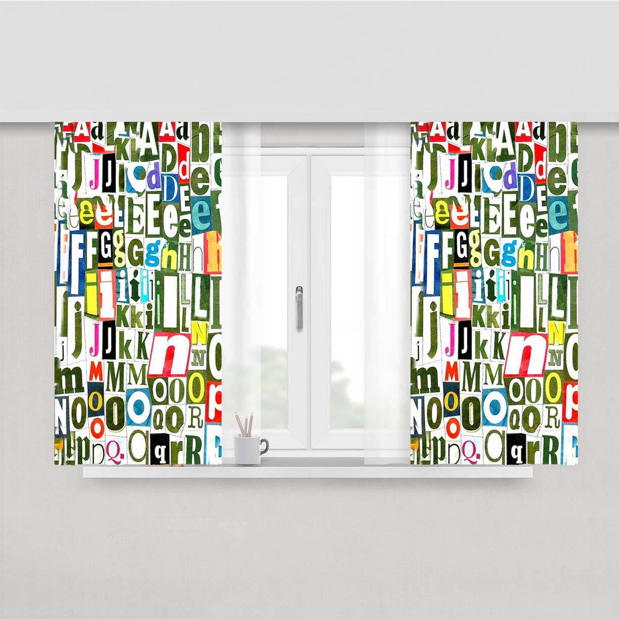 Retro Alphabet Green Collage Peach Skin Window Curtains