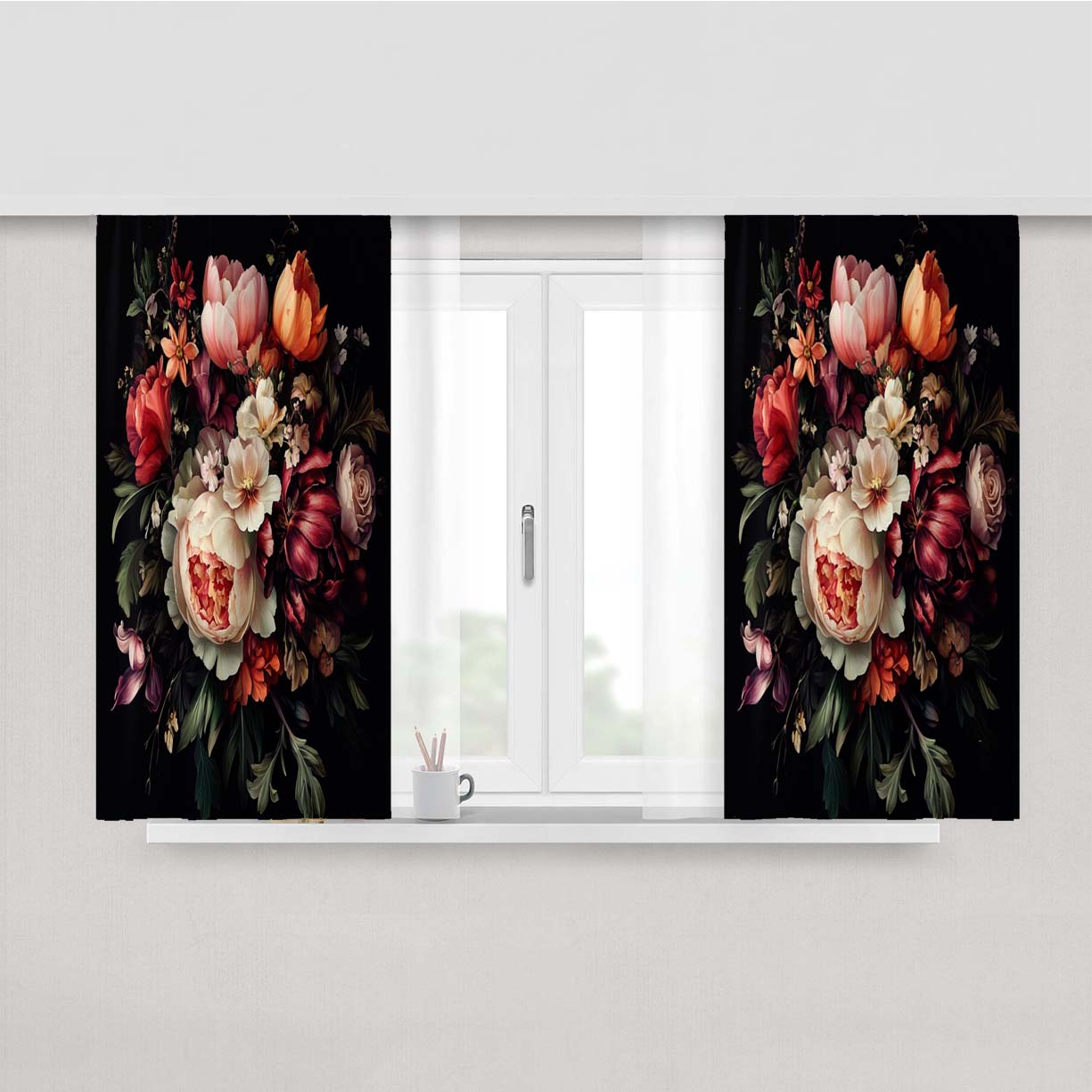 Retro Art Dark Floral Peach Skin Window Curtains