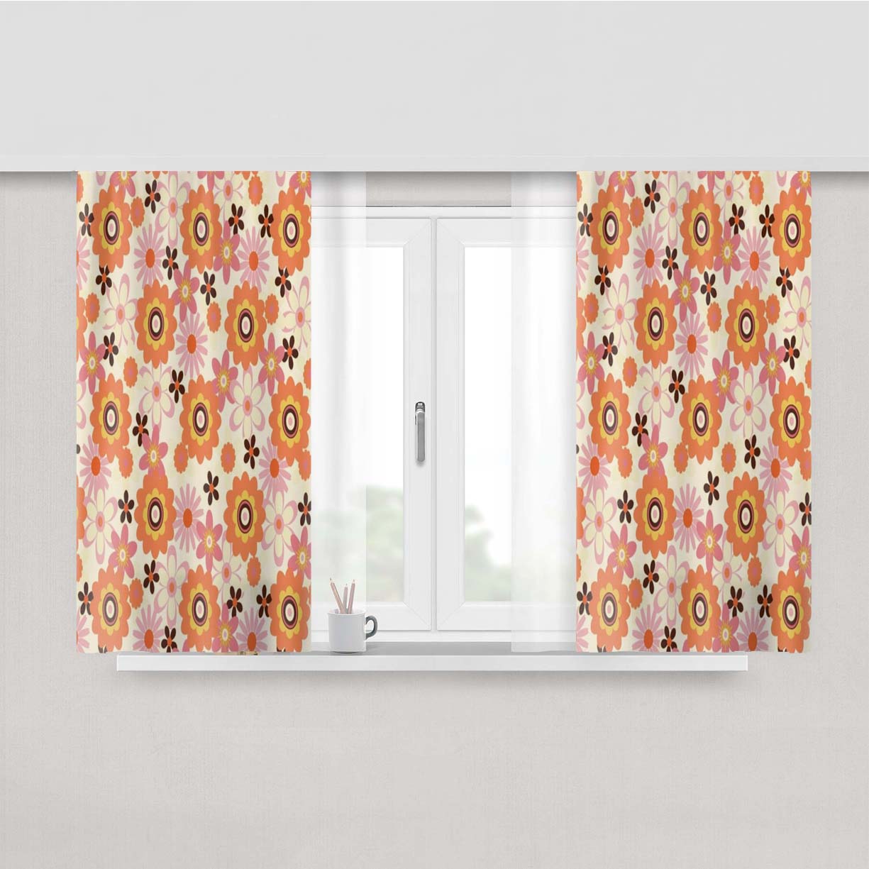 Retro Floral Mid Century Mod Peach Skin Window Curtains