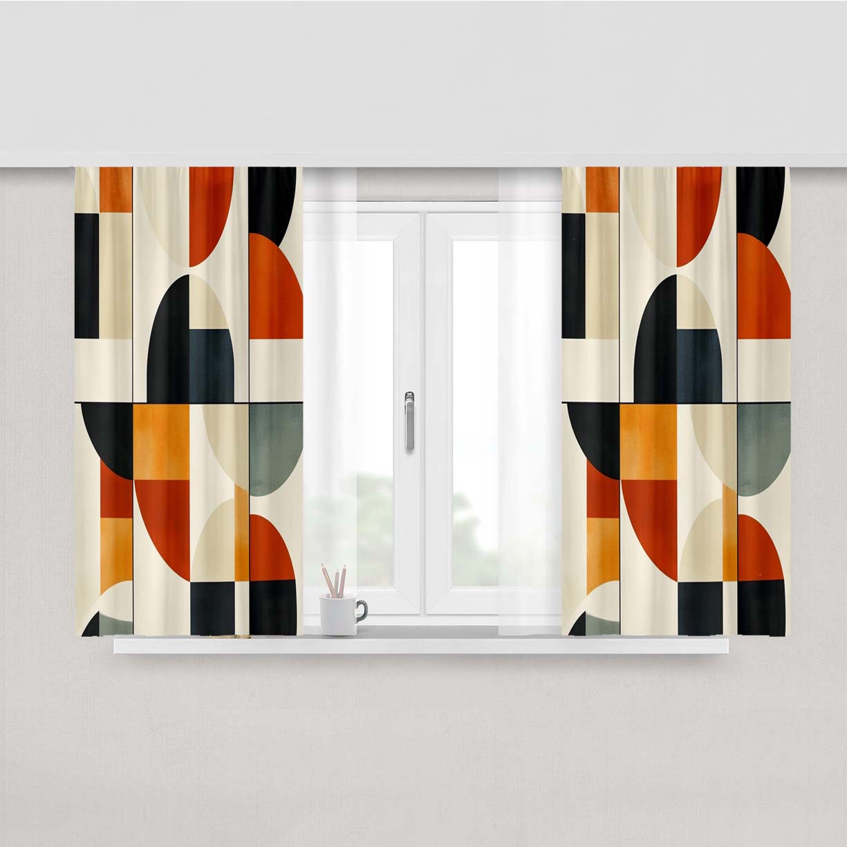 Retro Modern Shapes In Black Peach Skin Window Curtains