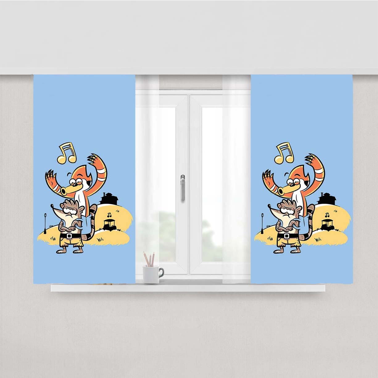 Rigby And Mordecai As Banjo And Kazooie Peach Skin Window Curtains