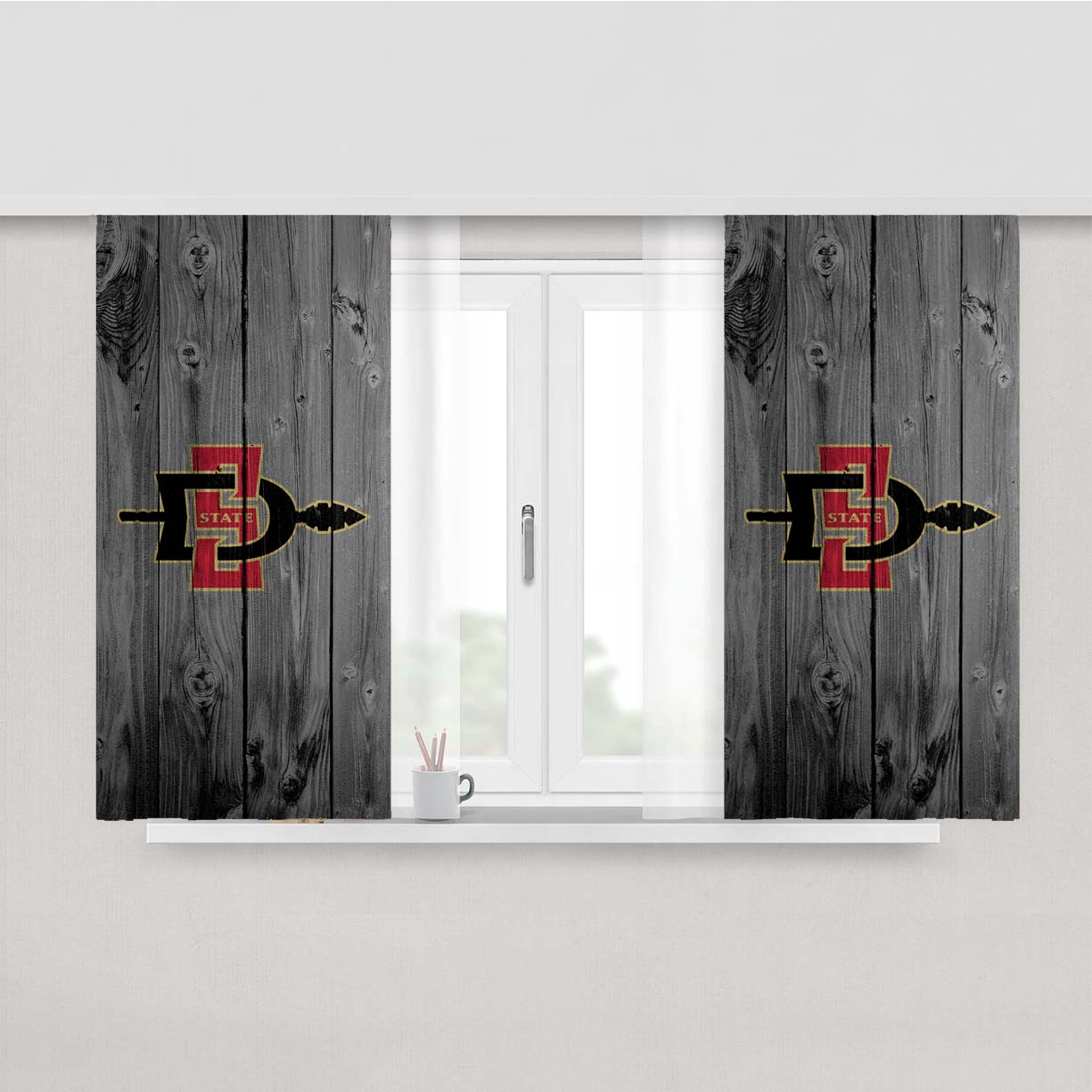 San Diego State Aztecs Logo Dark Wood Wallpaper Peach Skin Window Curtains