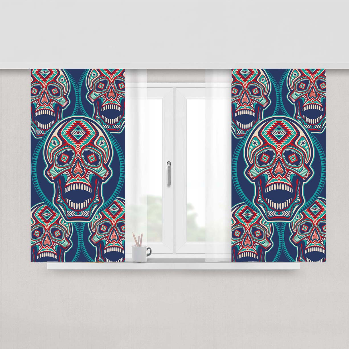 Skull Pattern Oldschool Peach Skin Window Curtains
