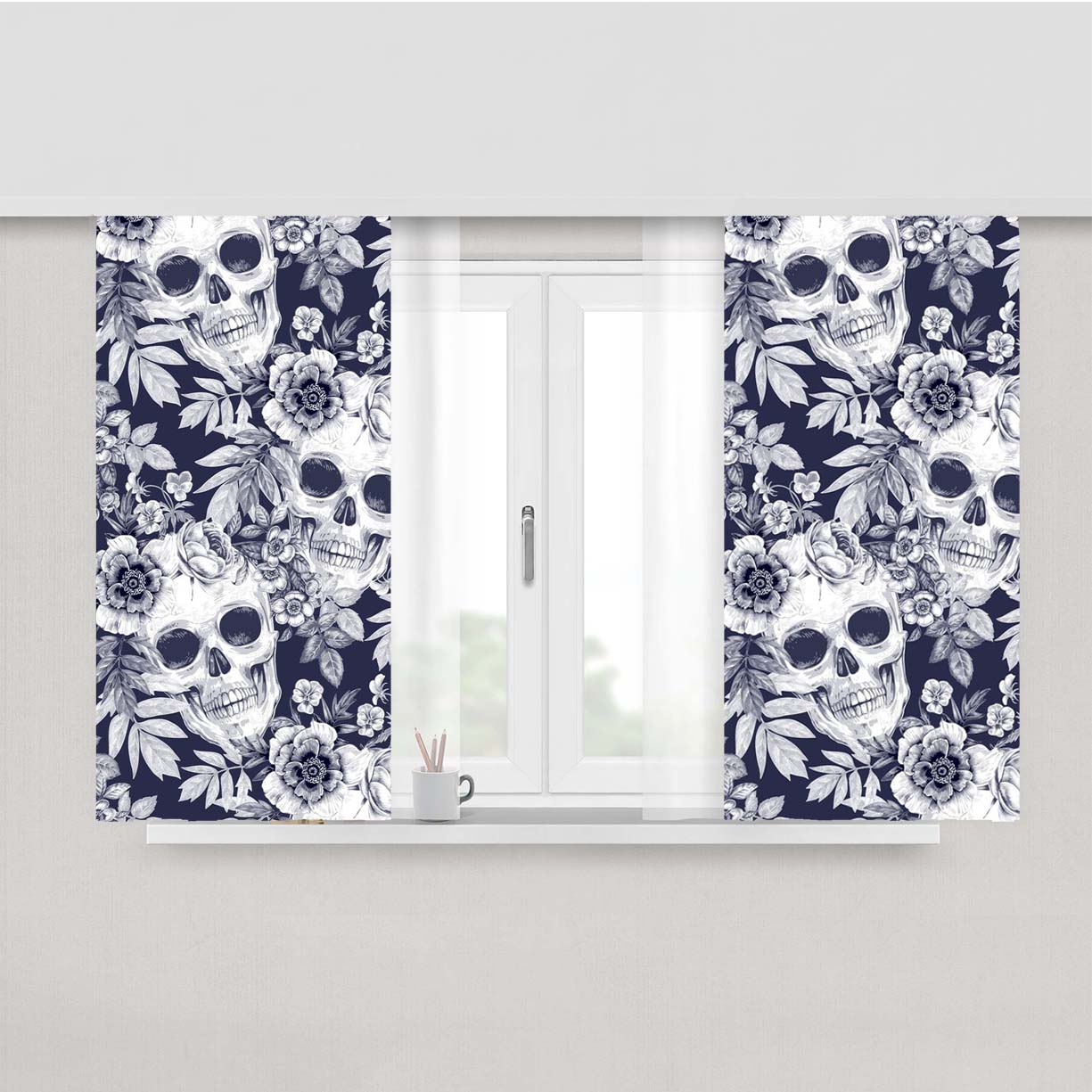 Skull Pattern On Grey Forest Peach Skin Window Curtains