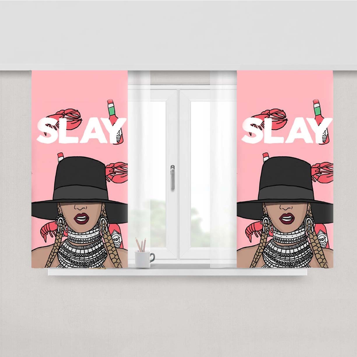 Slay - Queen B Cartoon Peach Skin Window Curtains