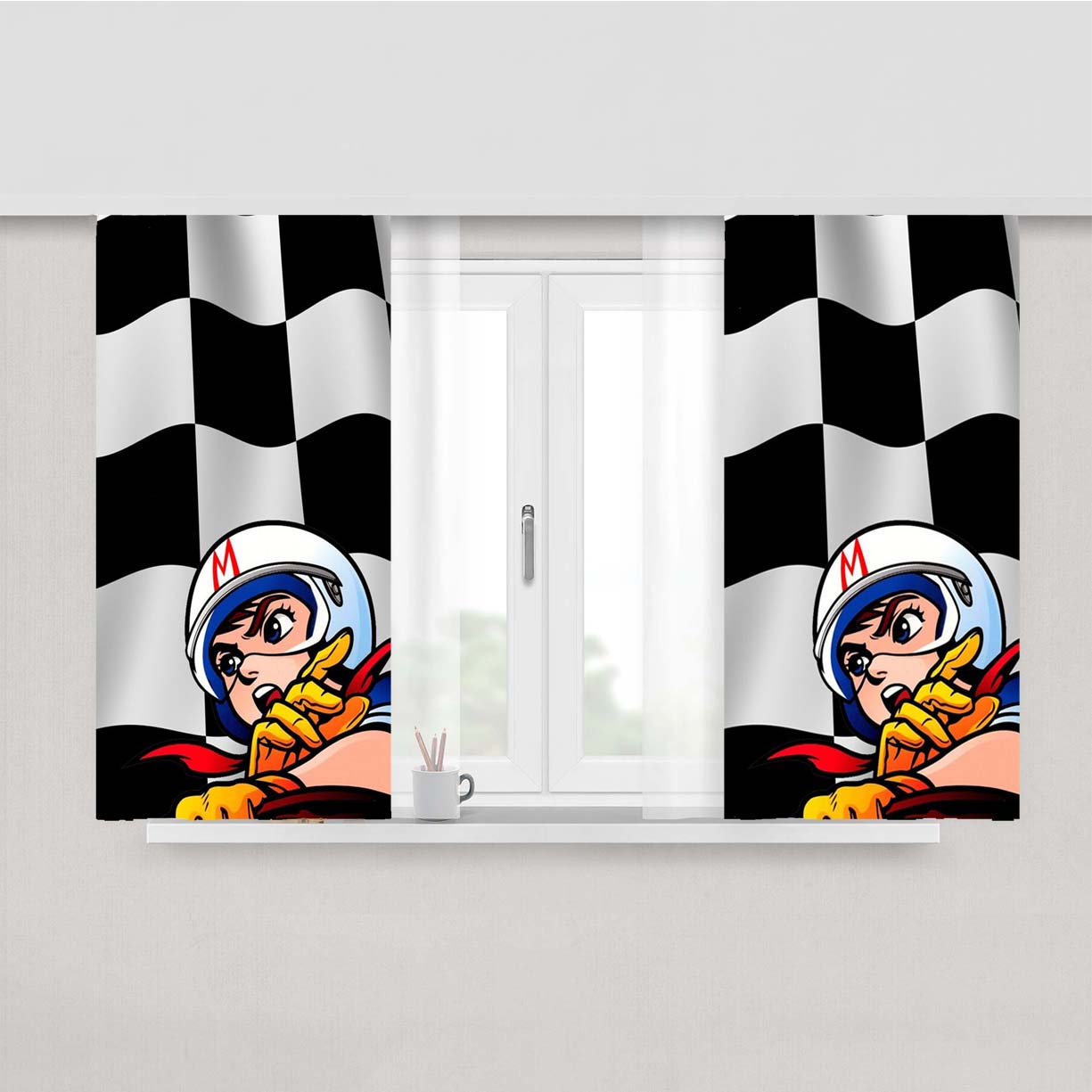 Speed Racer Checkered Flag Peach Skin Window Curtains