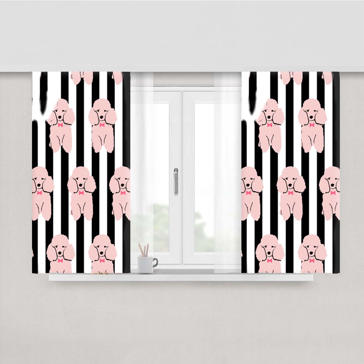 Striped Poodle - Dog Pattern Peach Skin Window Curtains
