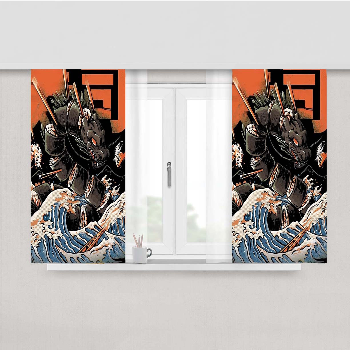 The Black Sushi Dragon Peach Skin Window Curtains