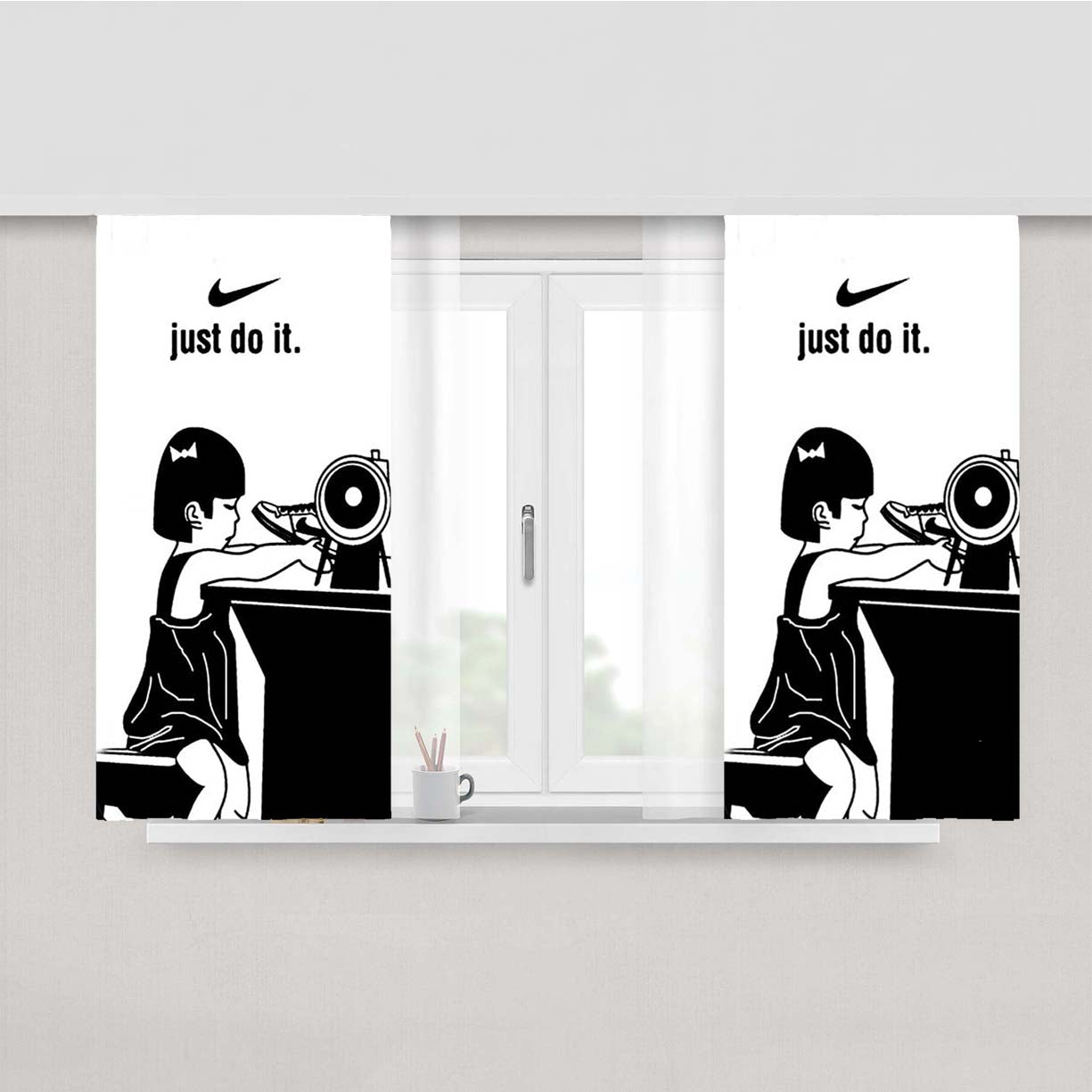 The Little Nike Girl Just Do It Peach Skin Window Curtains