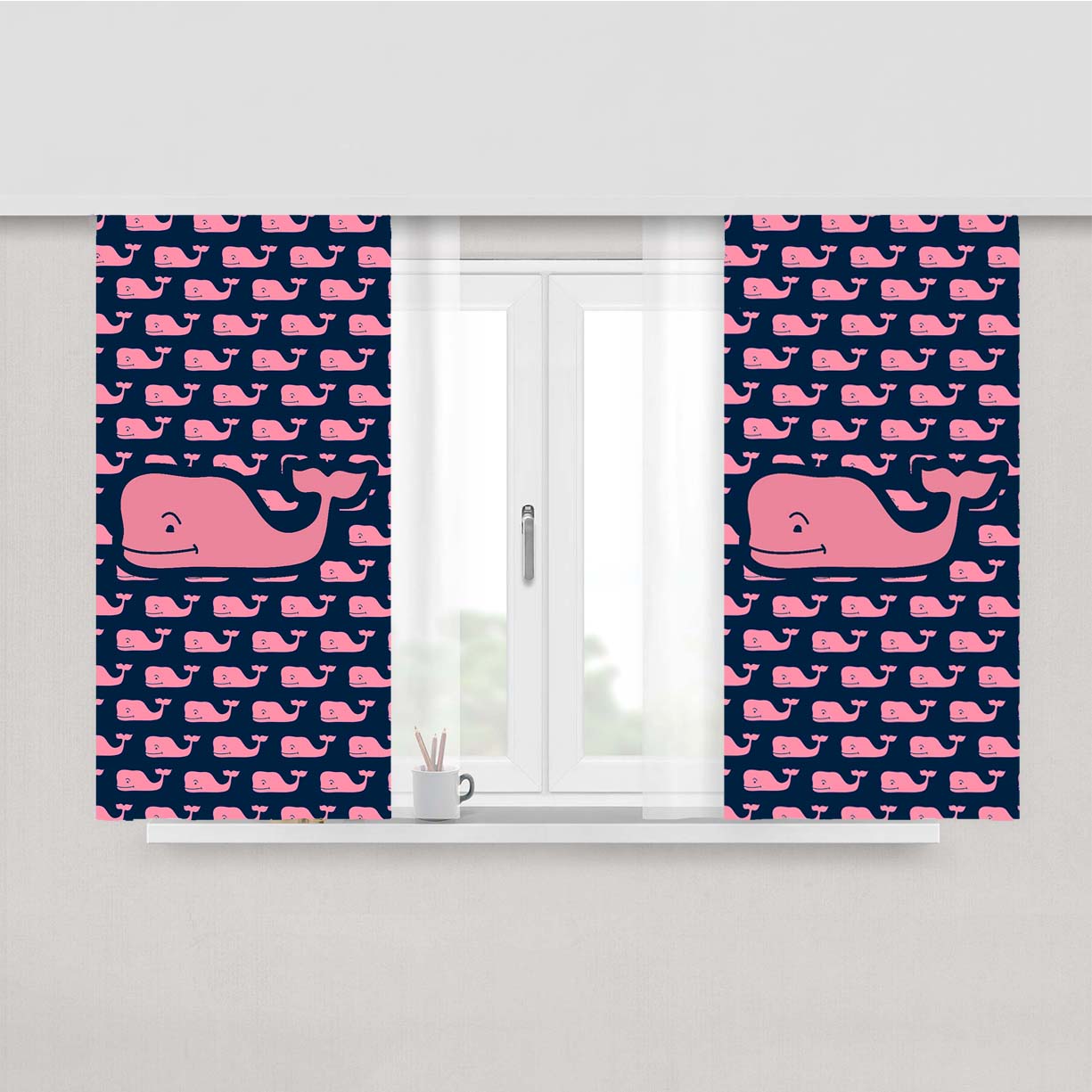 The Pope Vines Whale Pattern Navy Peach Skin Window Curtains
