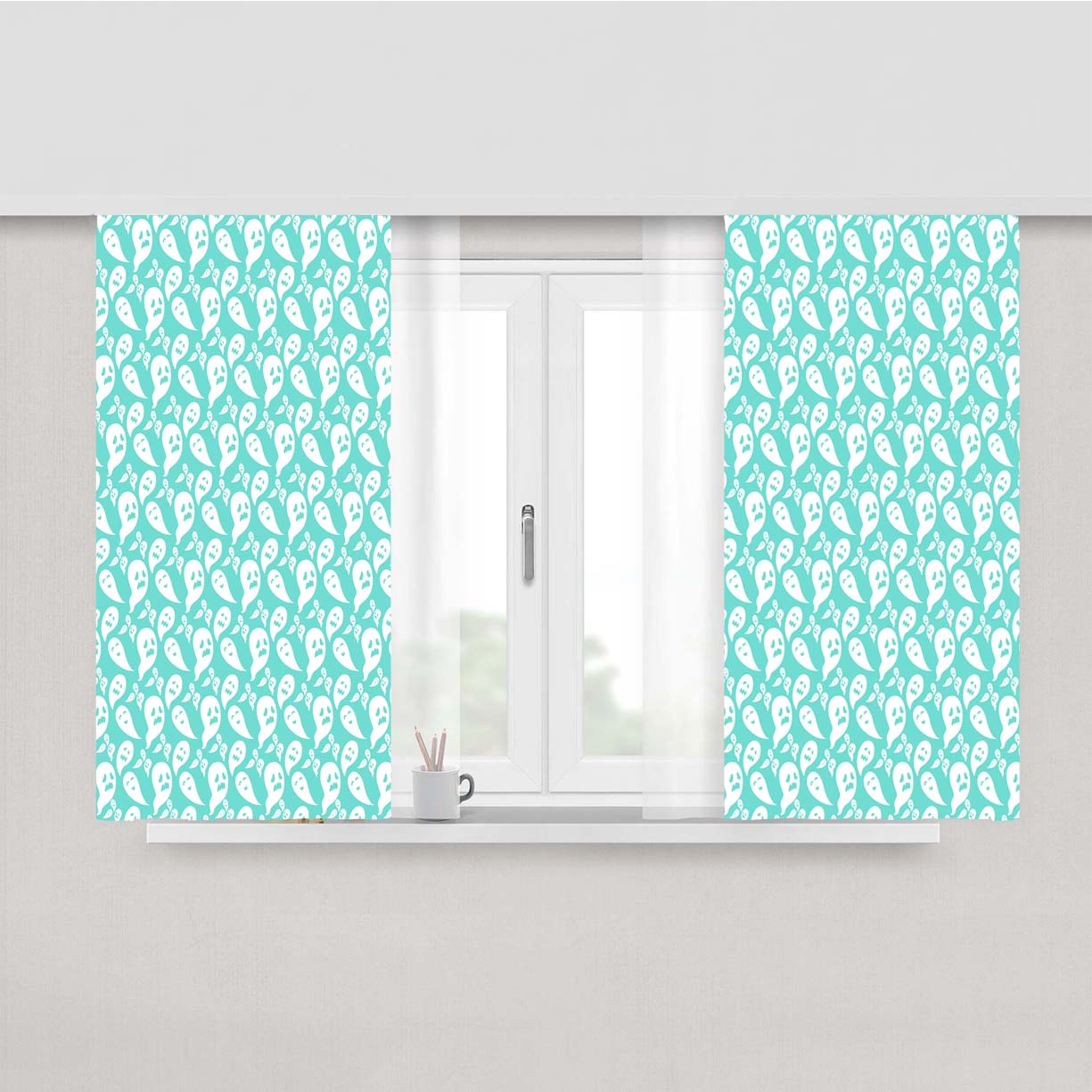 Turquoise Ghosts Pattern Halloween Peach Skin Window Curtains