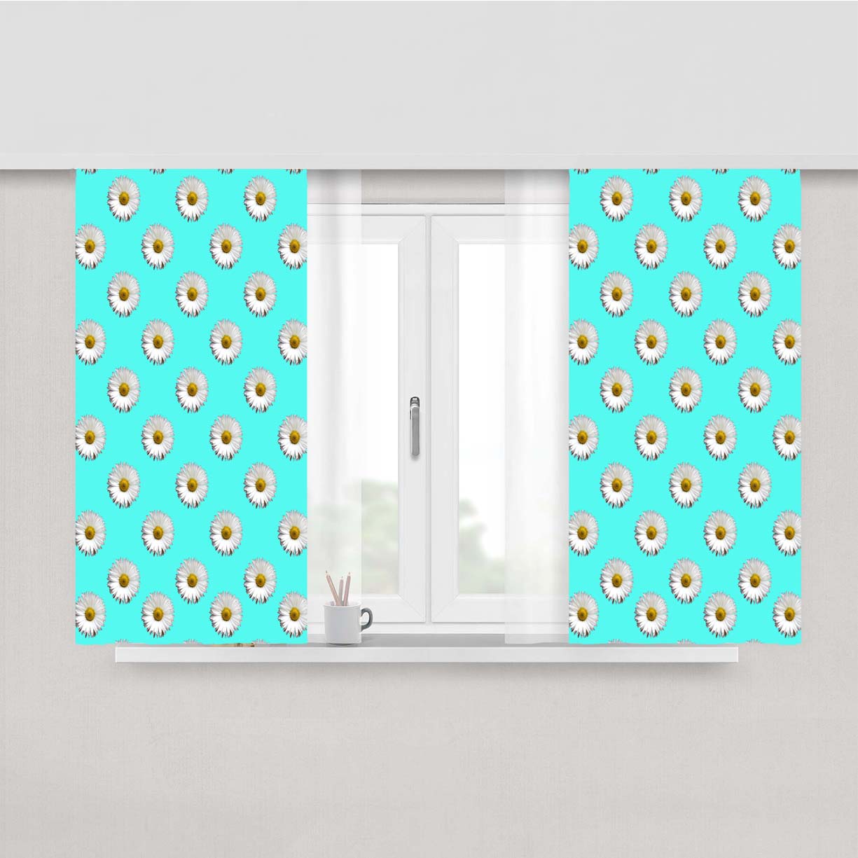 Turquoise White Daisy Flower Pattern Peach Skin Window Curtains