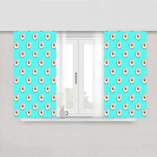 Turquoise White Daisy Flower Pattern Peach Skin Window Curtains
