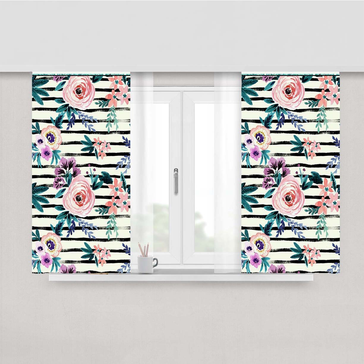 Victoria Floral Stripe Peach Skin Window Curtains