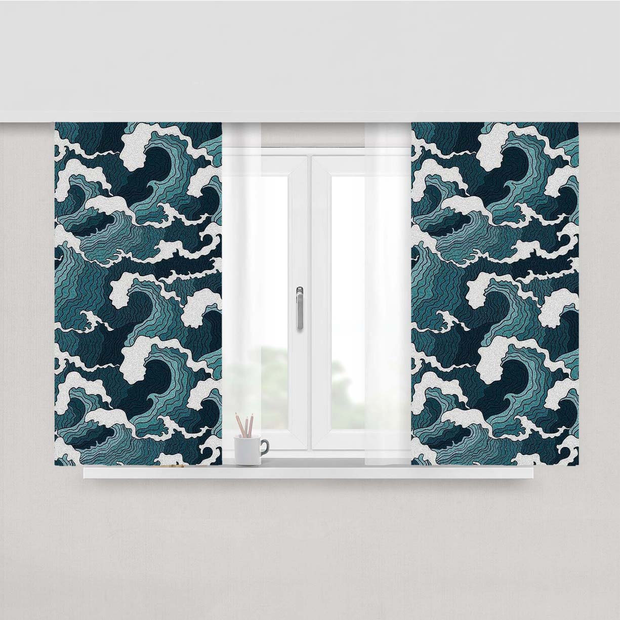 Wave Tsunami Pattern Japanese Style Peach Skin Window Curtains