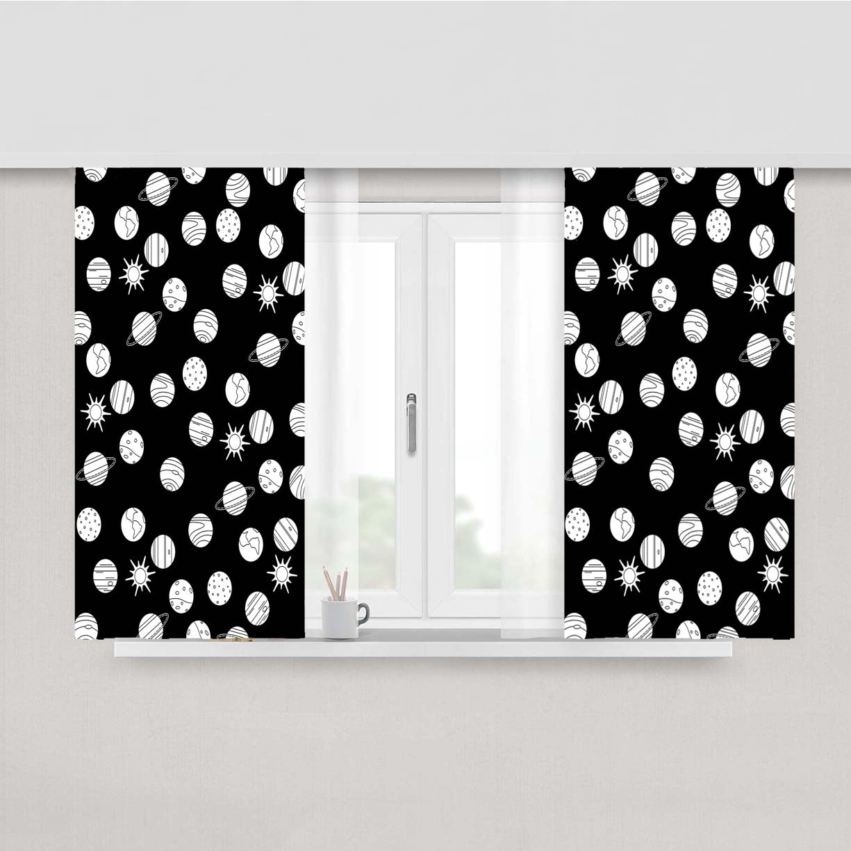 White Black Planet Pattern Doodle Peach Skin Window Curtains