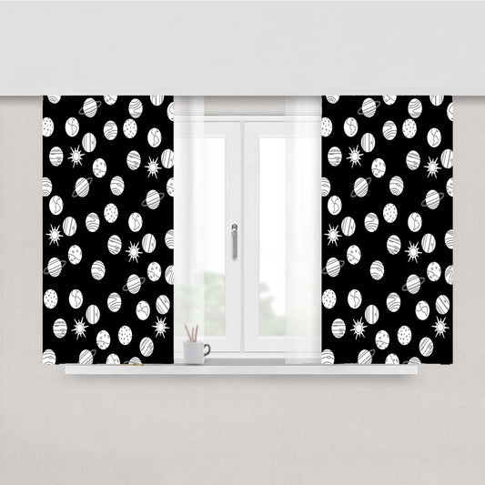White Black Planet Pattern Doodle Peach Skin Window Curtains