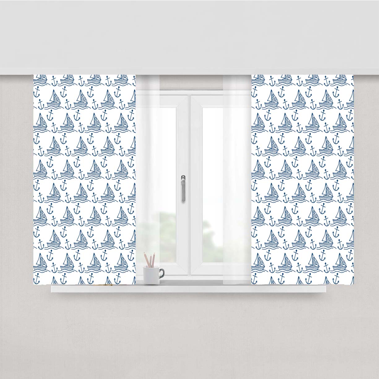 White Blue Sailor Ship Pattern Peach Skin Window Curtains
