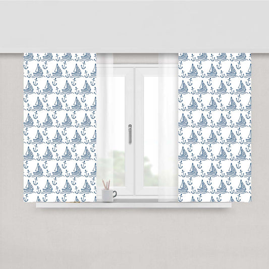 White Blue Sailor Ship Pattern Peach Skin Window Curtains