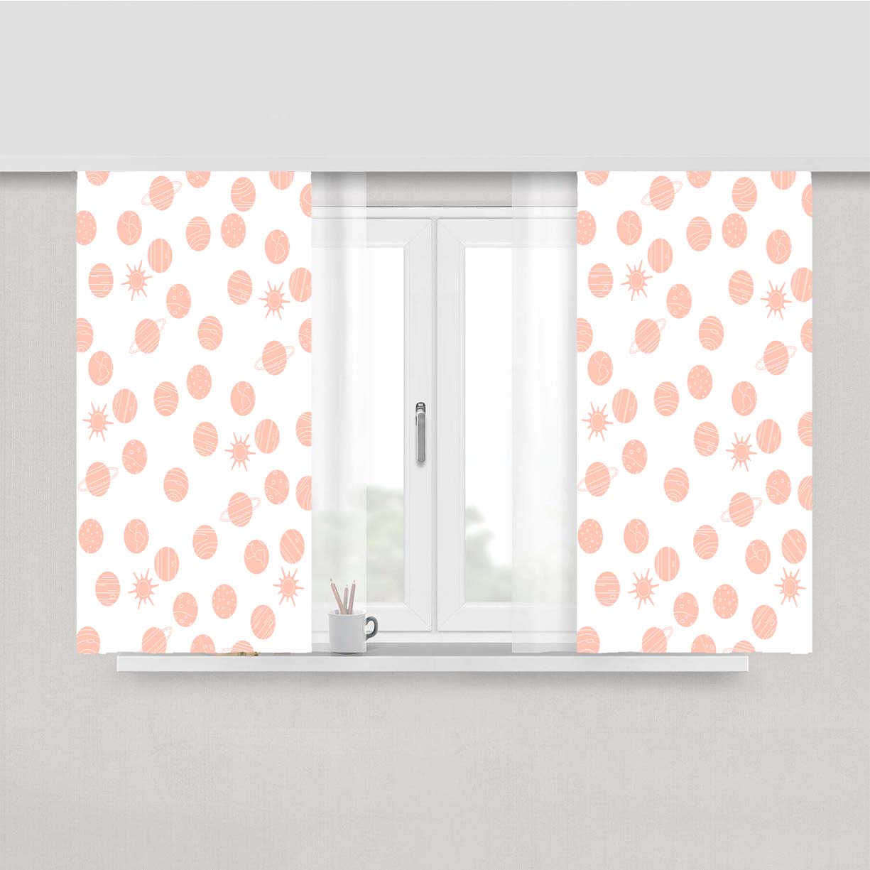 White Peach Planet Pattern Doodle Peach Skin Window Curtains