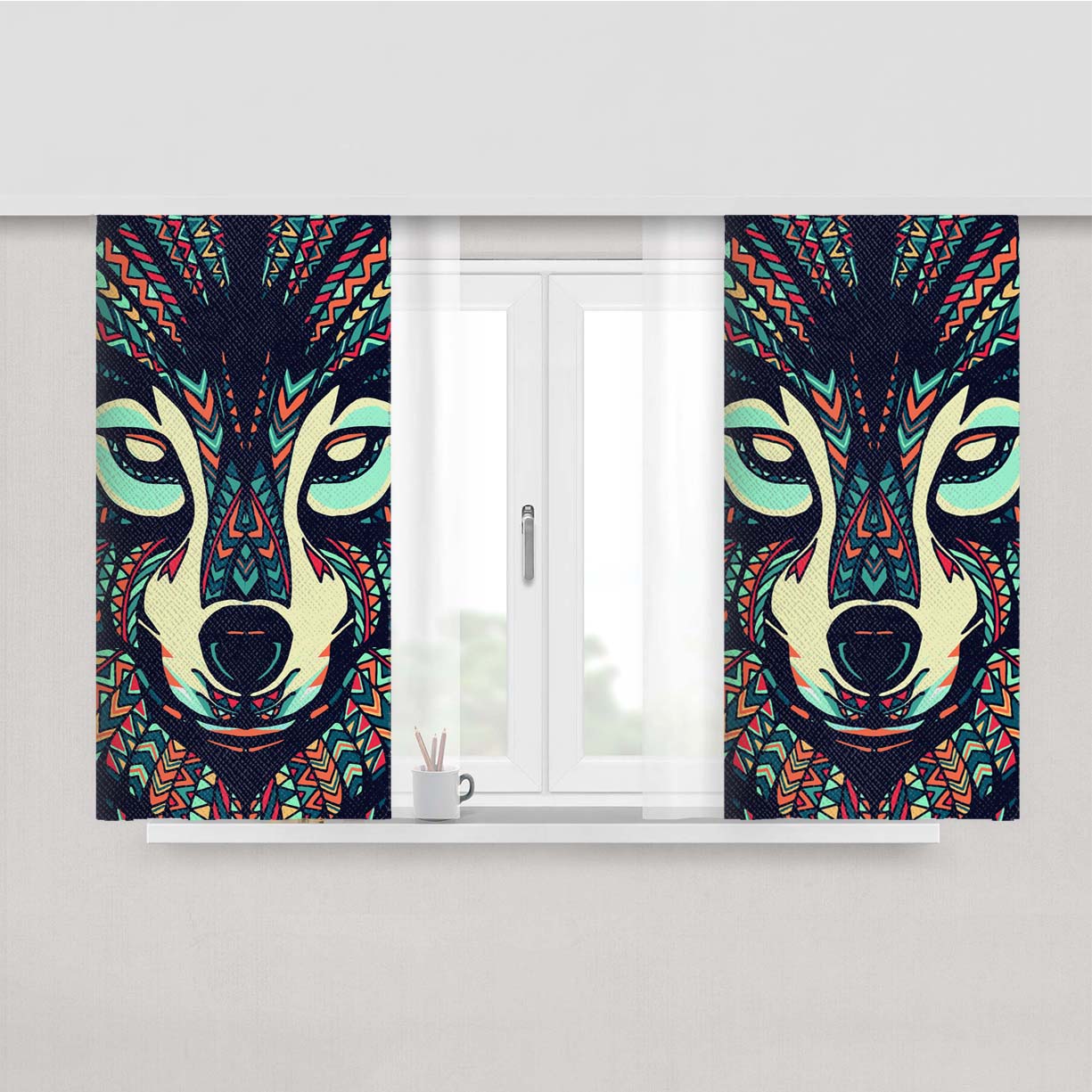 Wolf Aztec Pattern Peach Skin Window Curtains