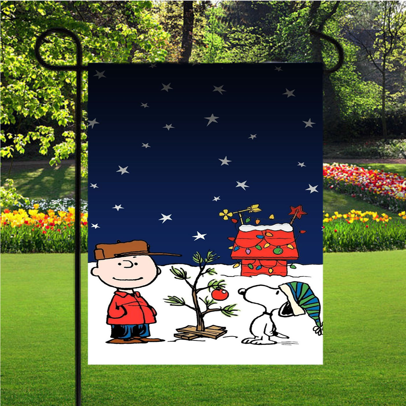 Charlie Brown And Snoopy Playing Snow Garden Flags Yard Outdoor Lawn 12 X 18