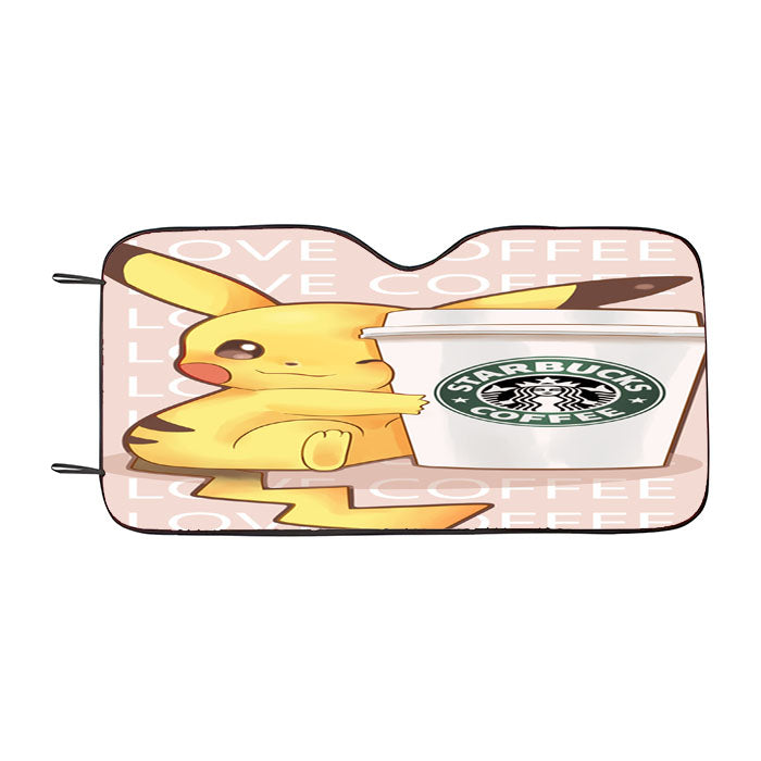 Pikachu With Starbucks Coffee Car Auto Sun Shade Windshield Cover