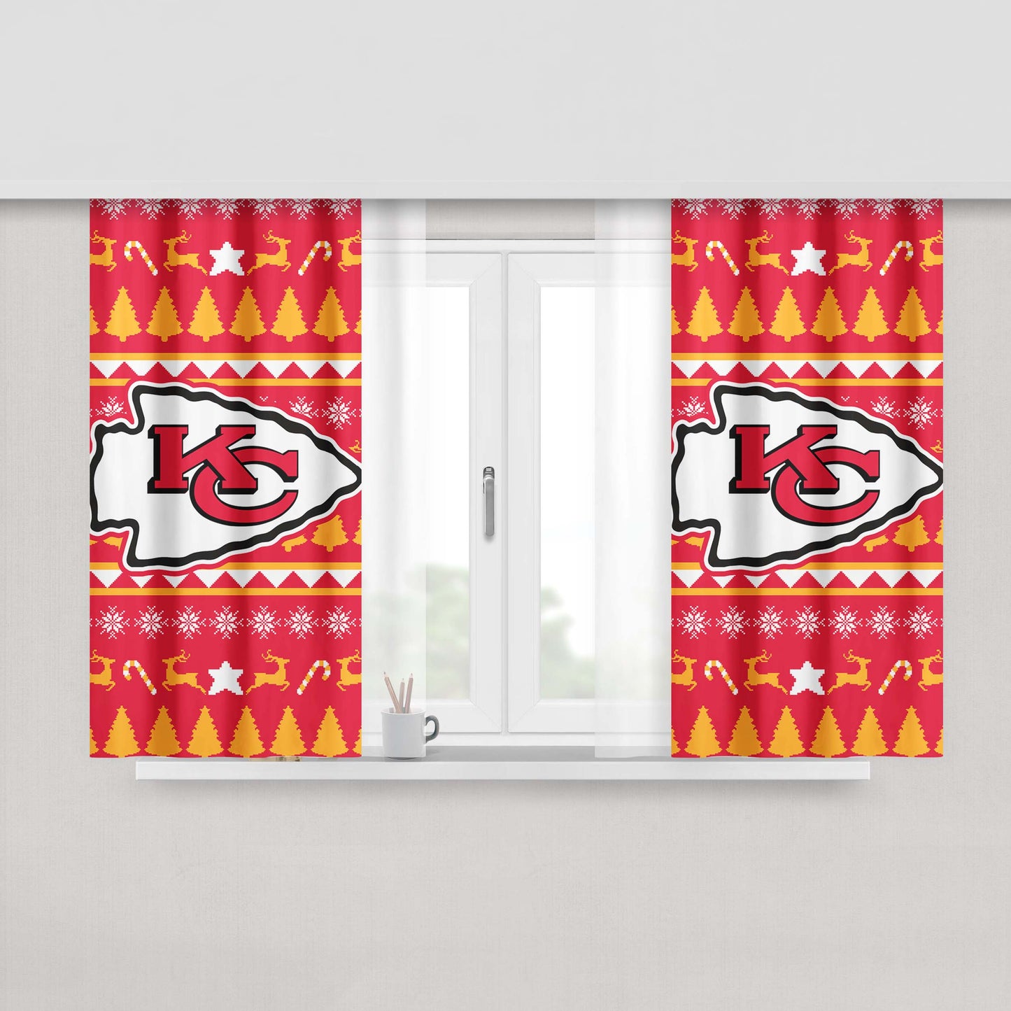 Kansas City Chiefs Christmas Sweater Peach Skin Window Curtains