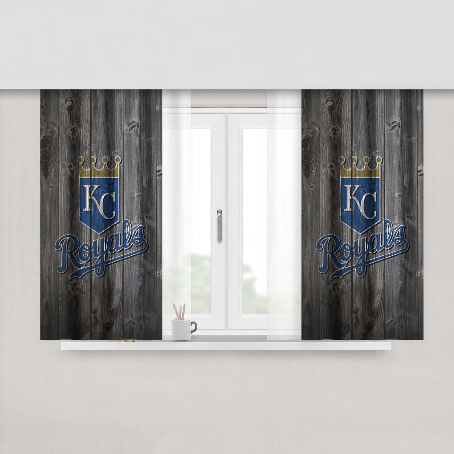 Kansas City Royals Mlb Logo Dark Wood Wallpaper Peach Skin Window Curtains