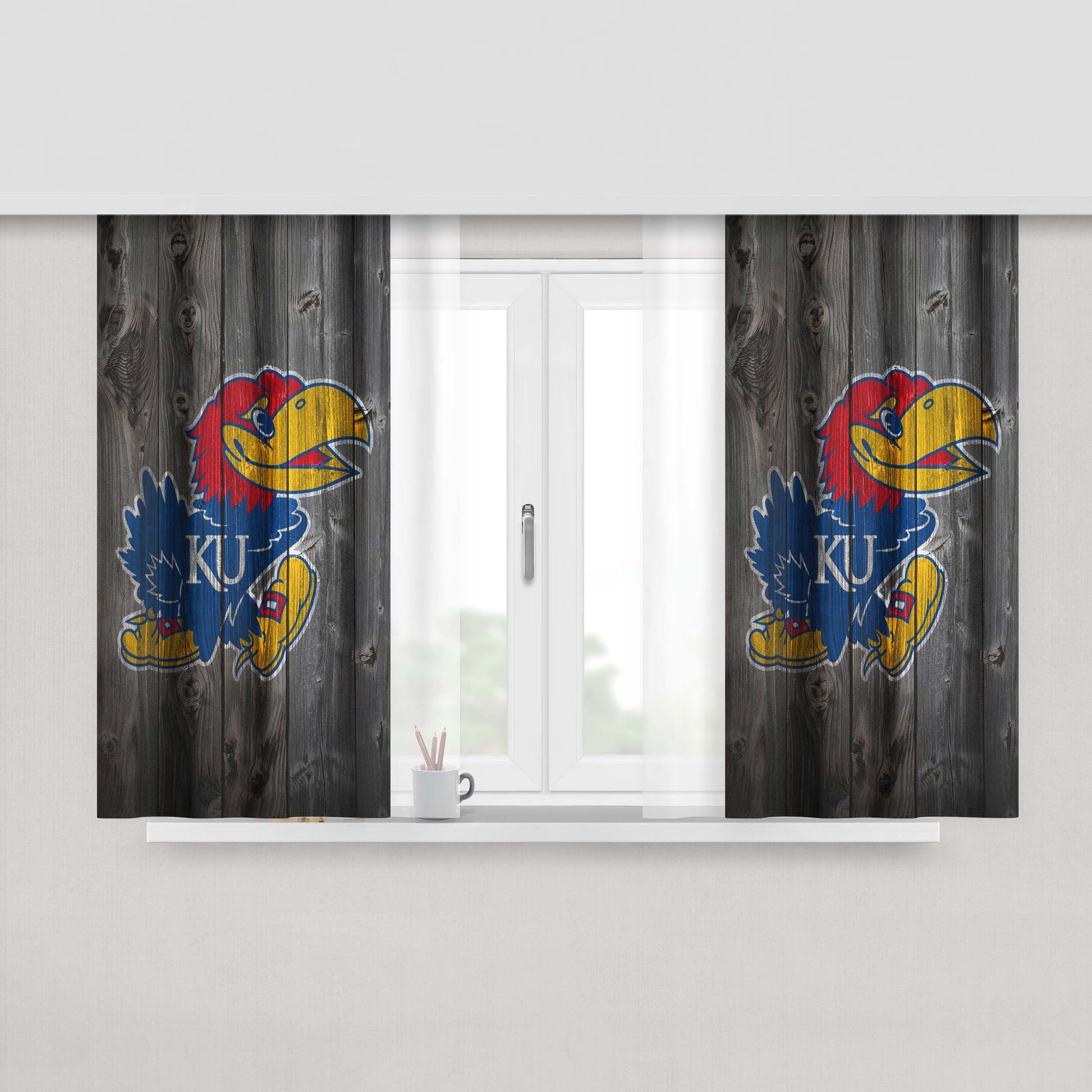 Kansas Jayhawk Dark Wood Logo Peach Skin Window Curtains