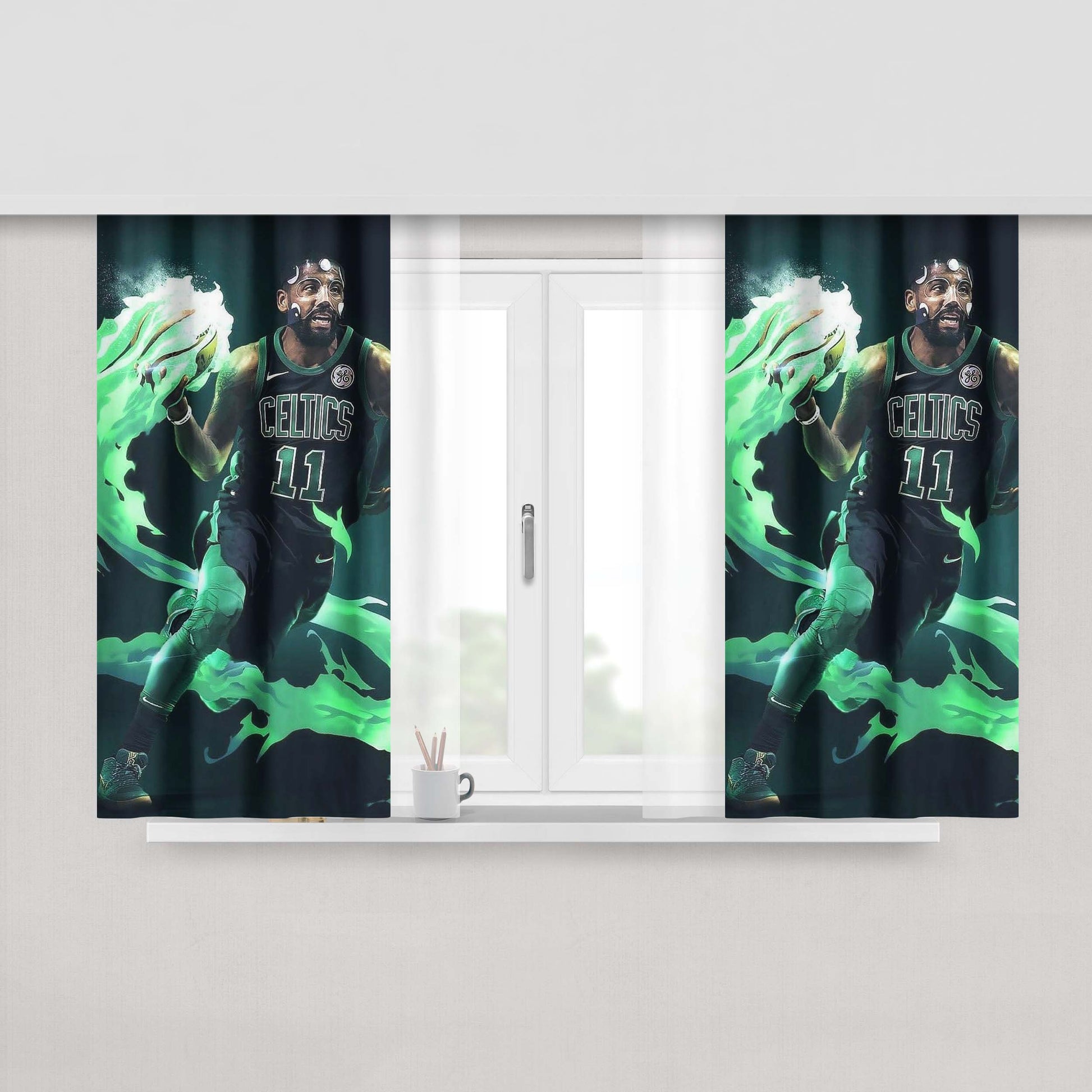 Kyrie Irving Green Flame Nba Peach Skin Window Curtains