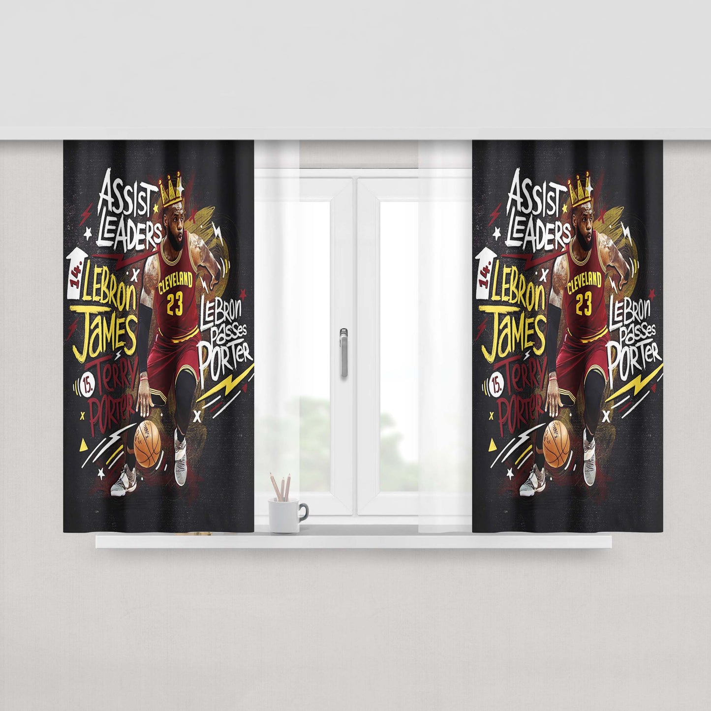Lebron James Doodle Nba Legend Peach Skin Window Curtains
