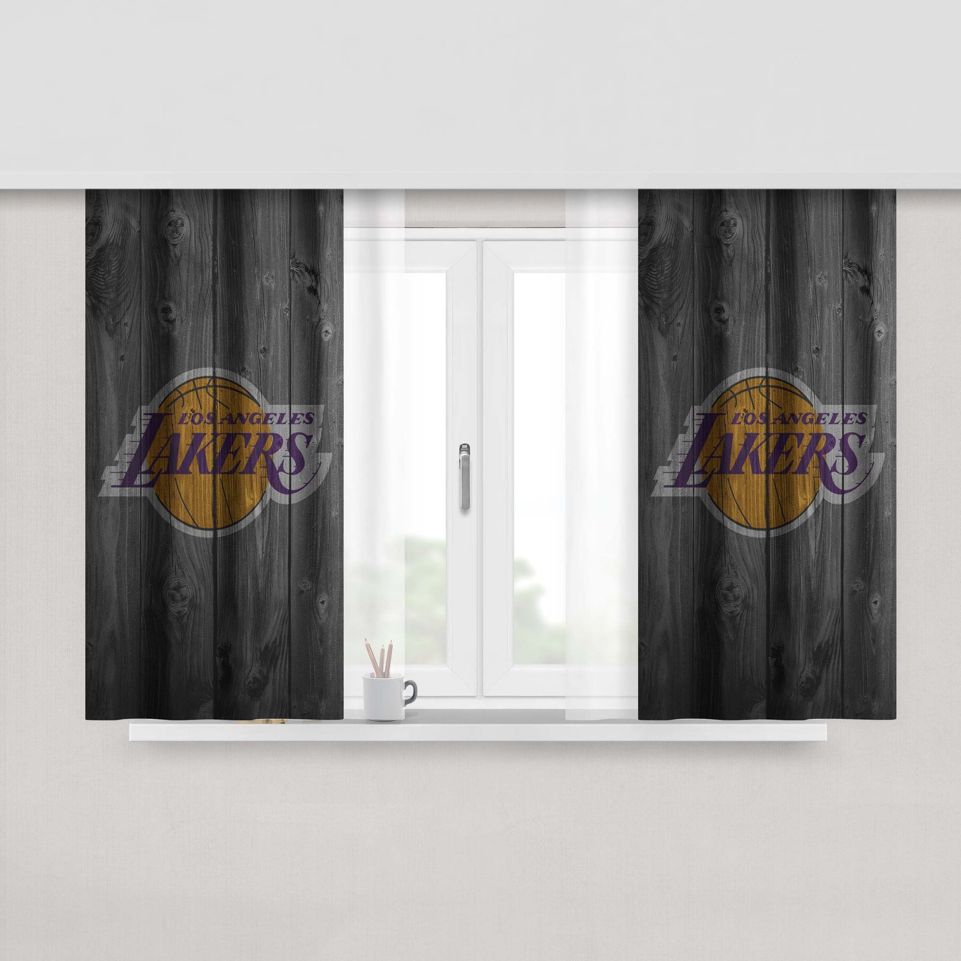 Los Angeles Lakers Nba Logo Dark Wood Wallpaper Peach Skin Window Curtains