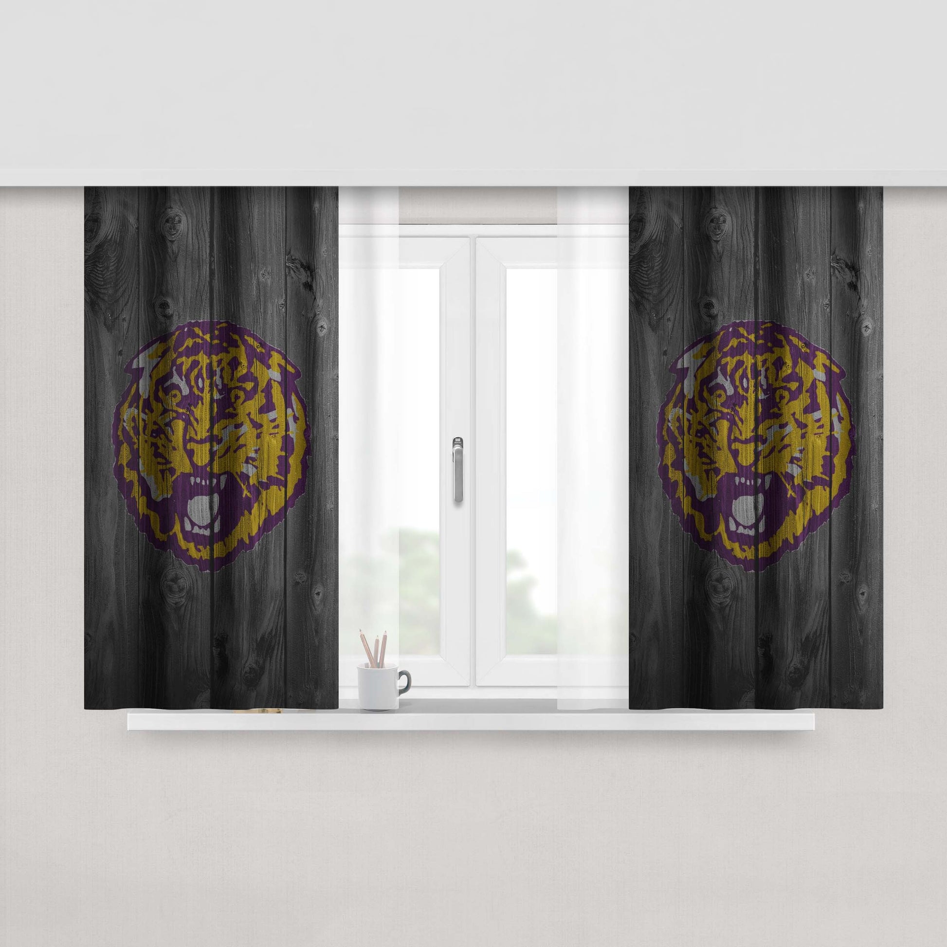 Lsu Tiger Purple Logo Dark Wood Peach Skin Window Curtains