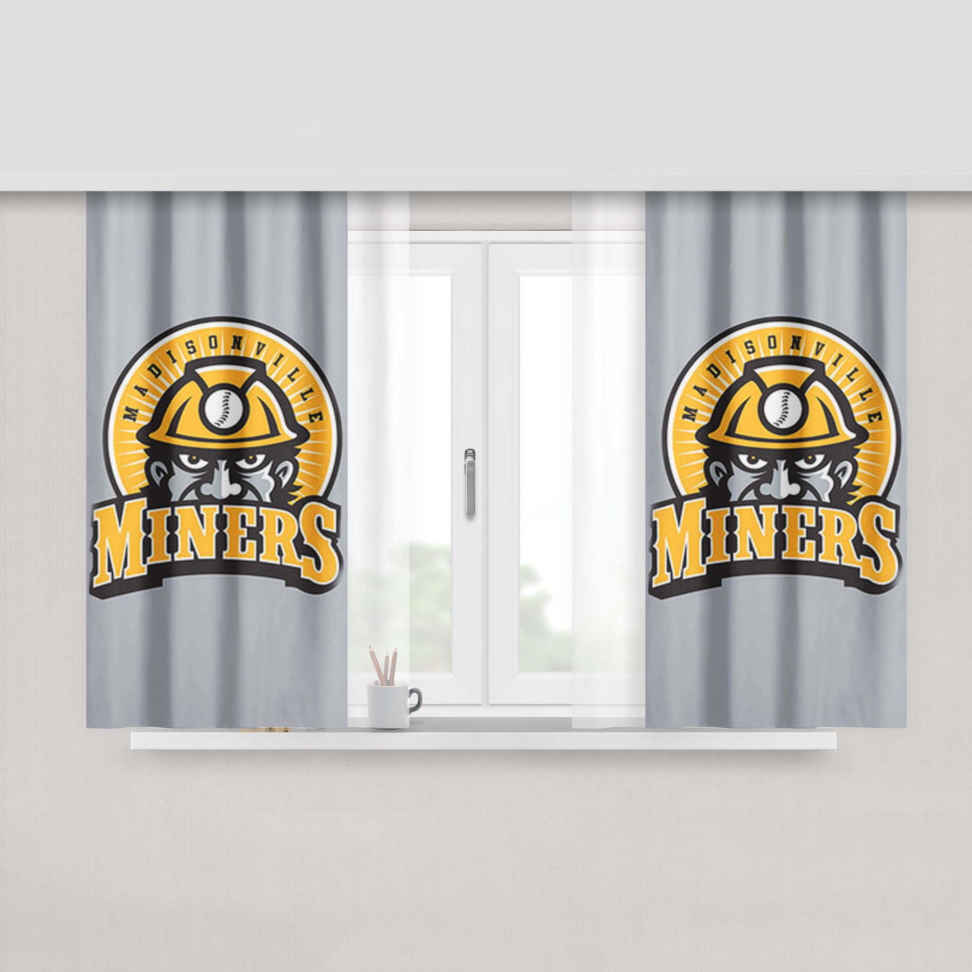 Madisonn Ville Miner Baseball Logo Gray Peach Skin Window Curtains