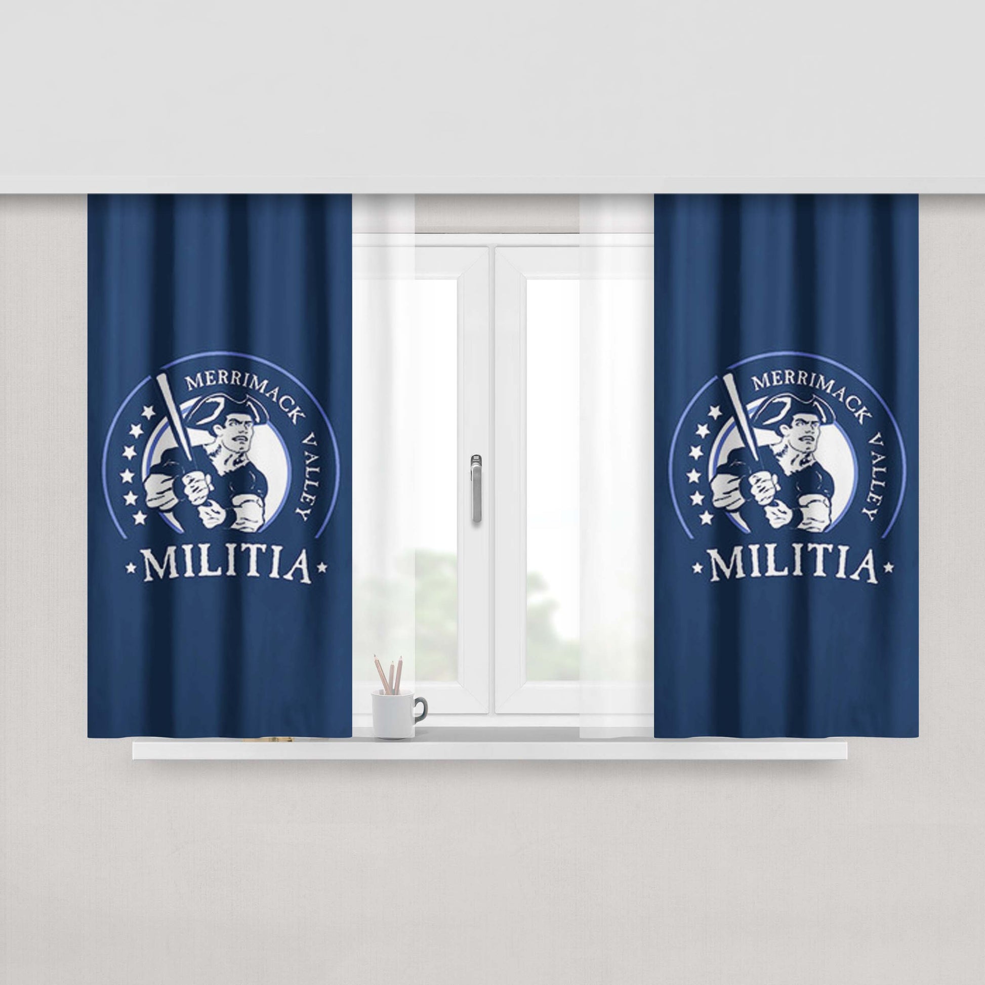 Merrimack Calley Militia Baseball Logo Blue Peach Skin Window Curtains