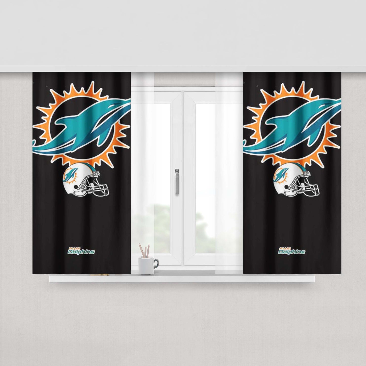 Miami Dolphins Logos On Blk Peach Skin Window Curtains