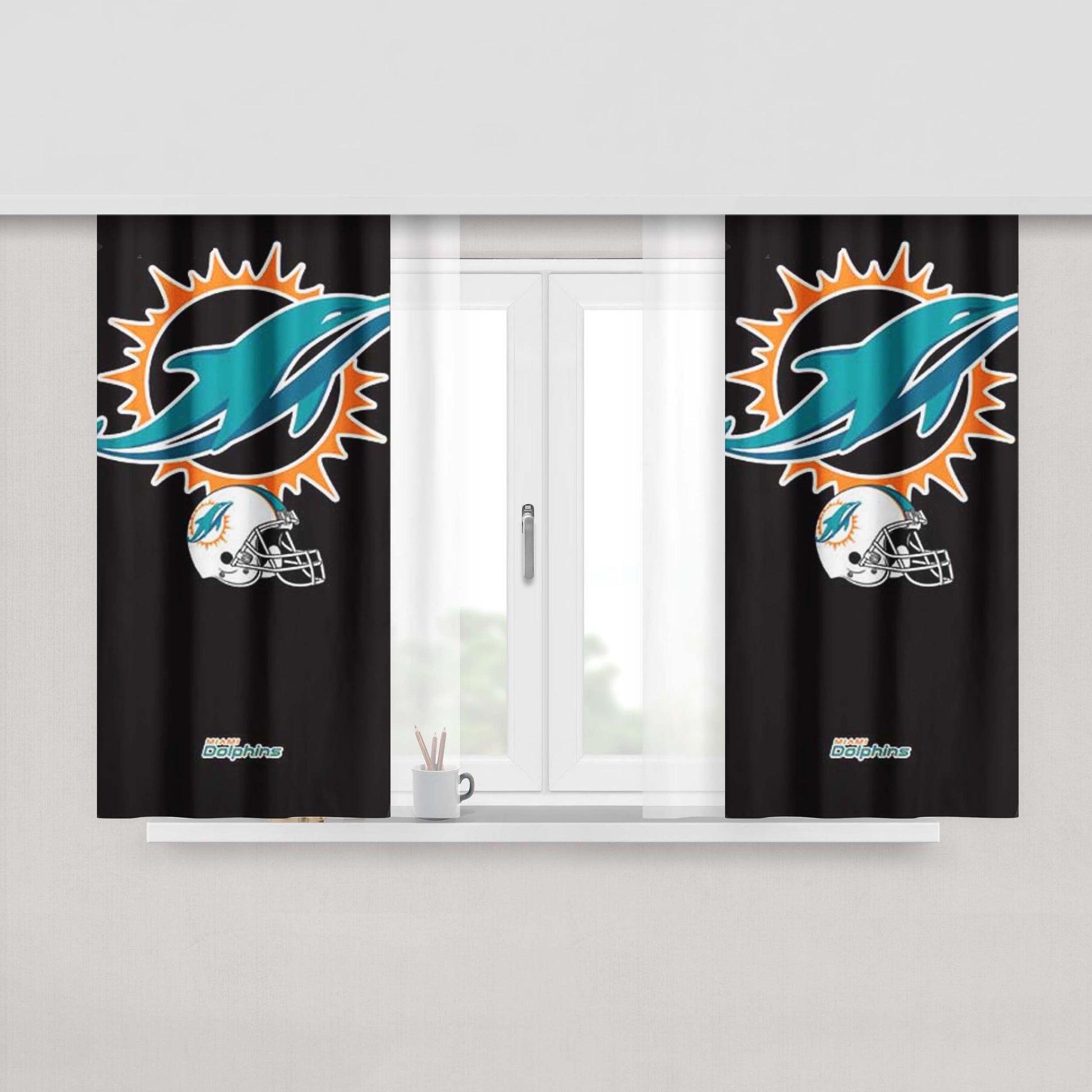 Miami Dolphins Logos On Blk Peach Skin Window Curtains