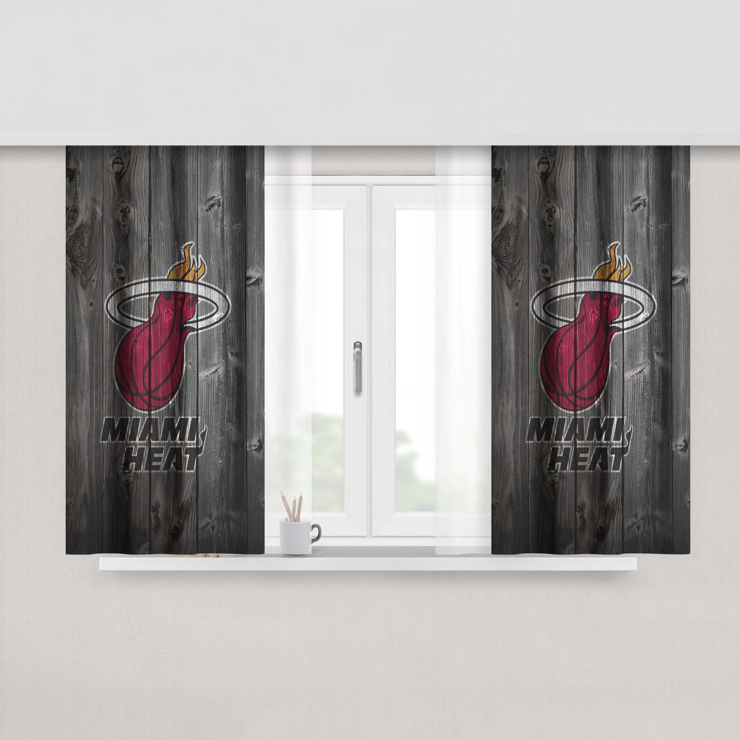 Miami Heat Nba Logo Dark Wood Wallpaper Peach Skin Window Curtains