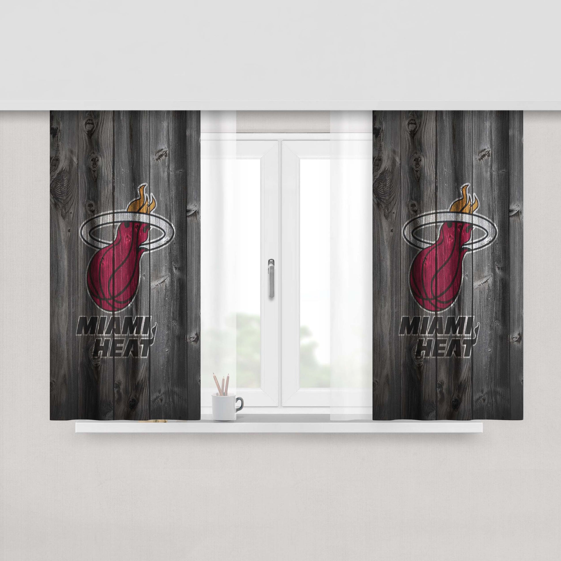 Miami Heat Nba Logo Dark Wood Wallpaper Peach Skin Window Curtains