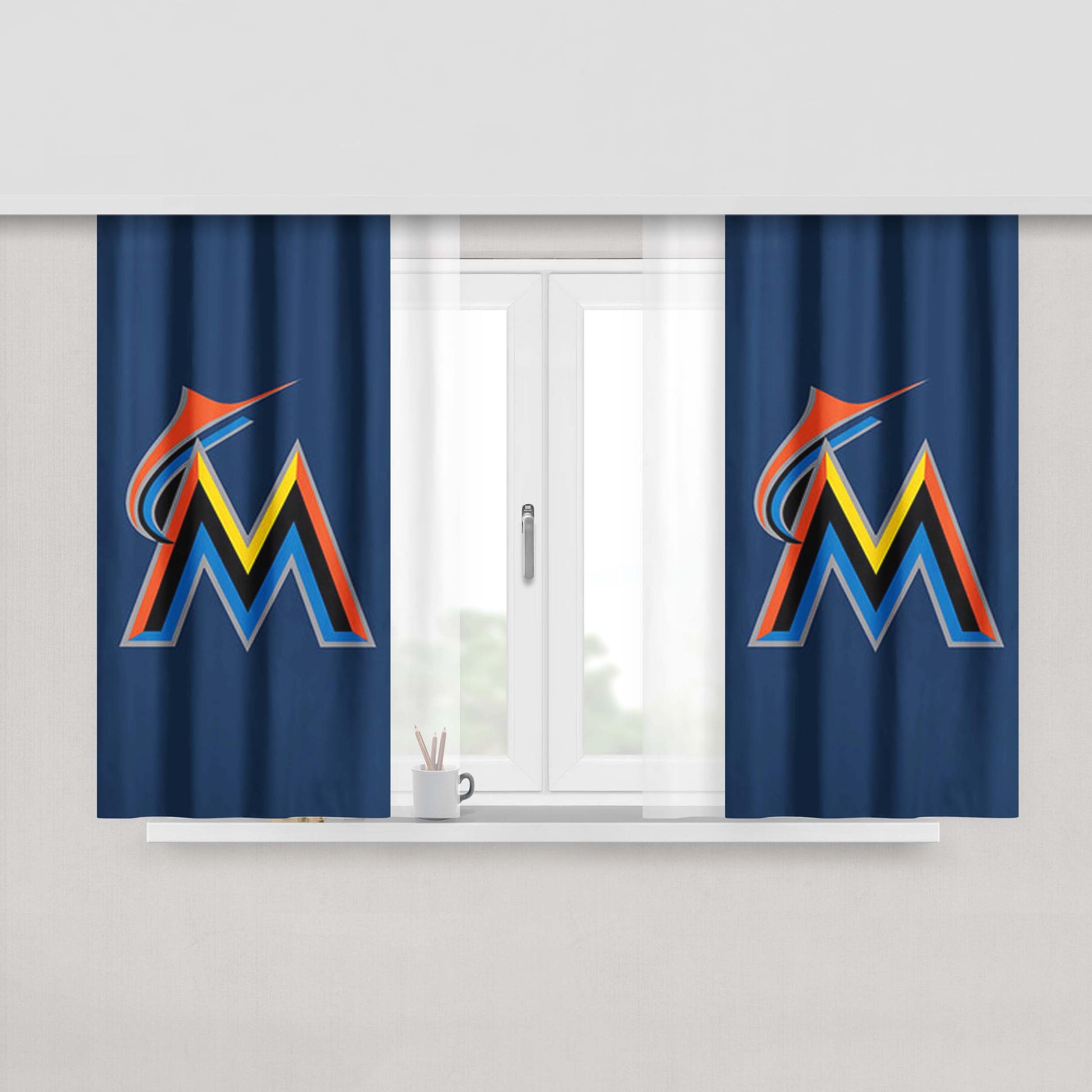 Miami Marlins Baseball Logo Blue Peach Skin Window Curtains