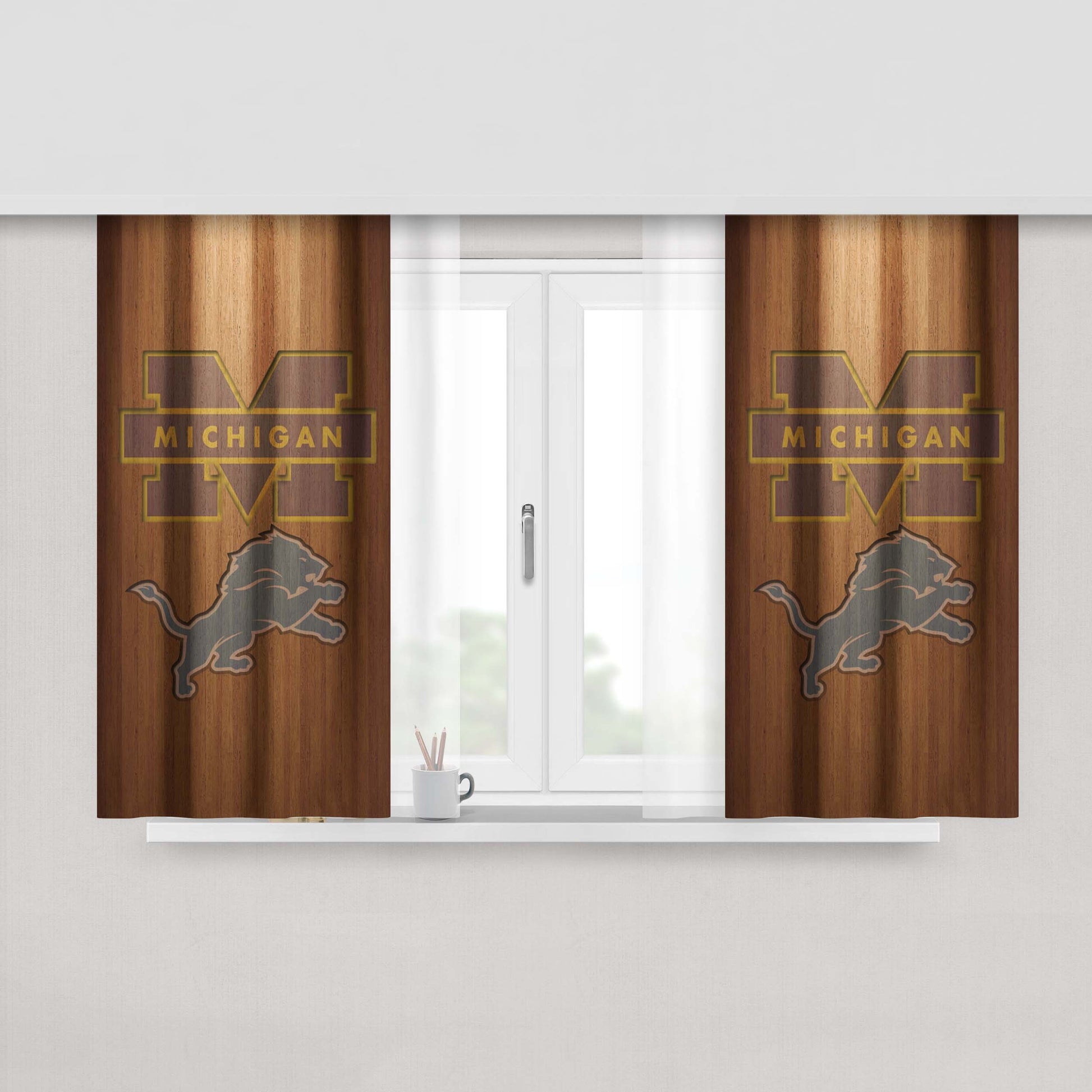 Michigan Lions Logo Wood Wallpaper Peach Skin Window Curtains