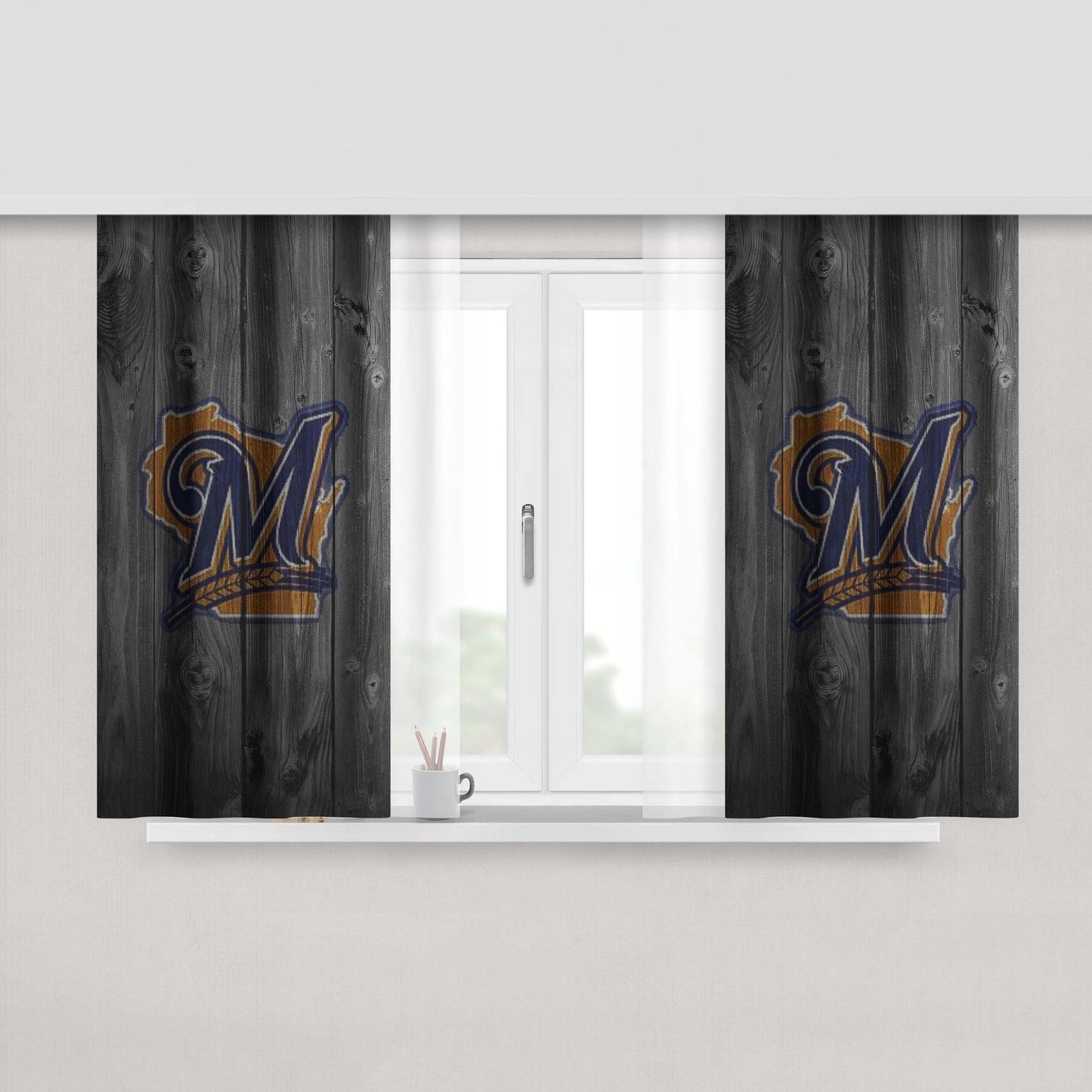Michigan Logo Dark Wood Wallpaper Peach Skin Window Curtains