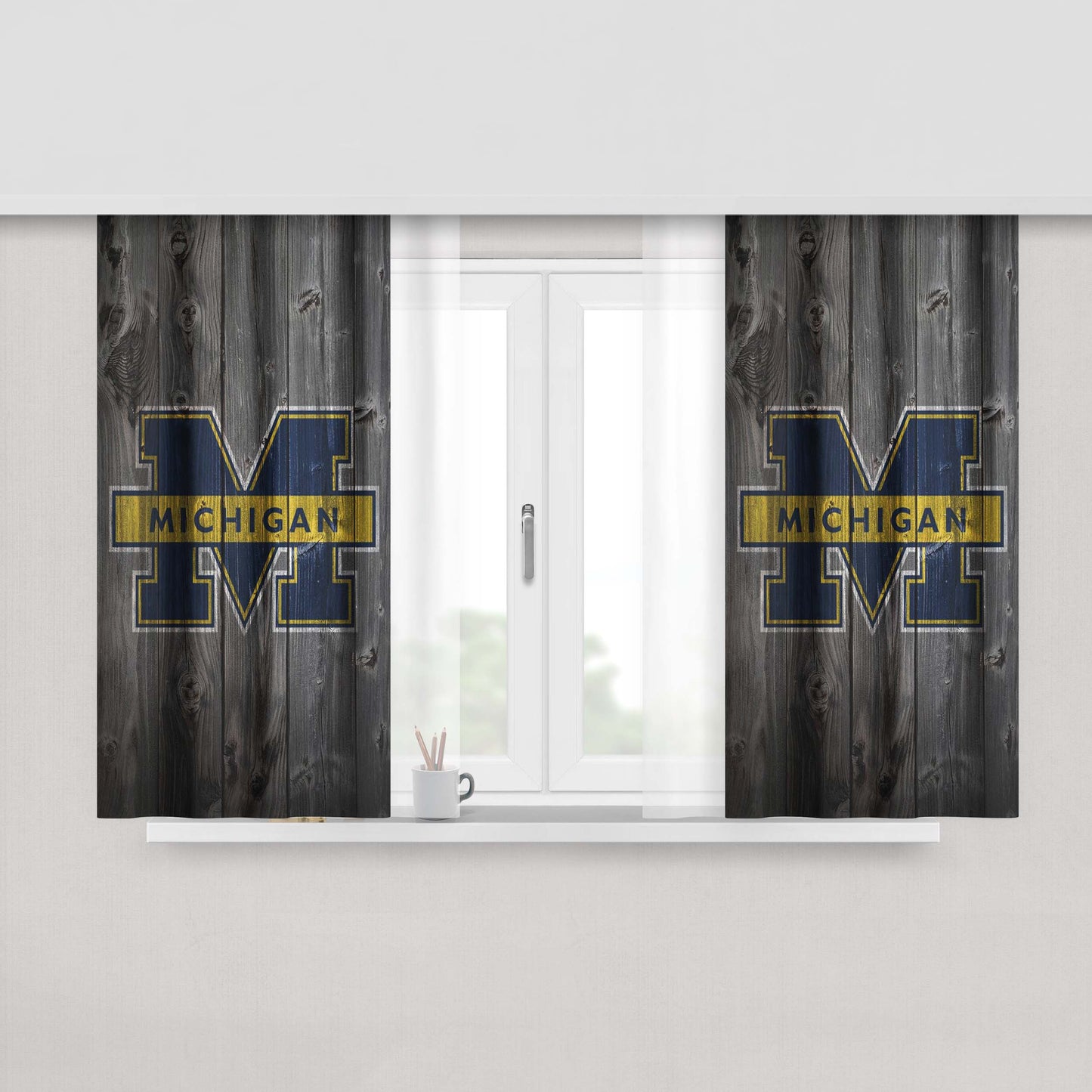 Michigan Wolverines University Logo Dark Wood Peach Skin Window Curtains